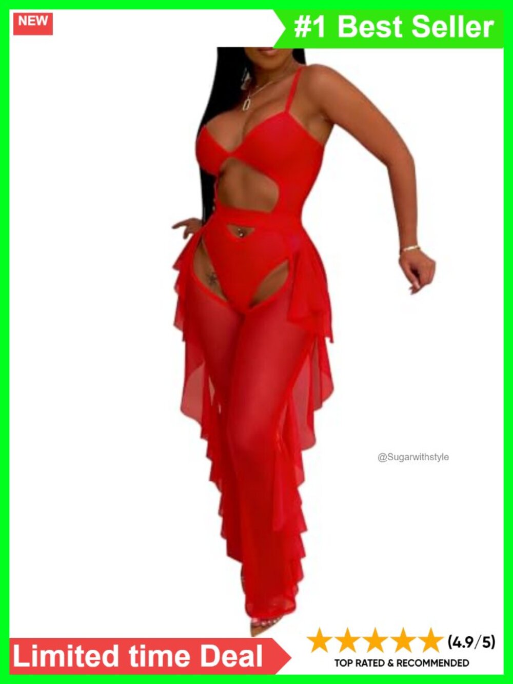 Sheer Mesh 2 Piece Bikini Set with Beaded Top and Ruffle Pants